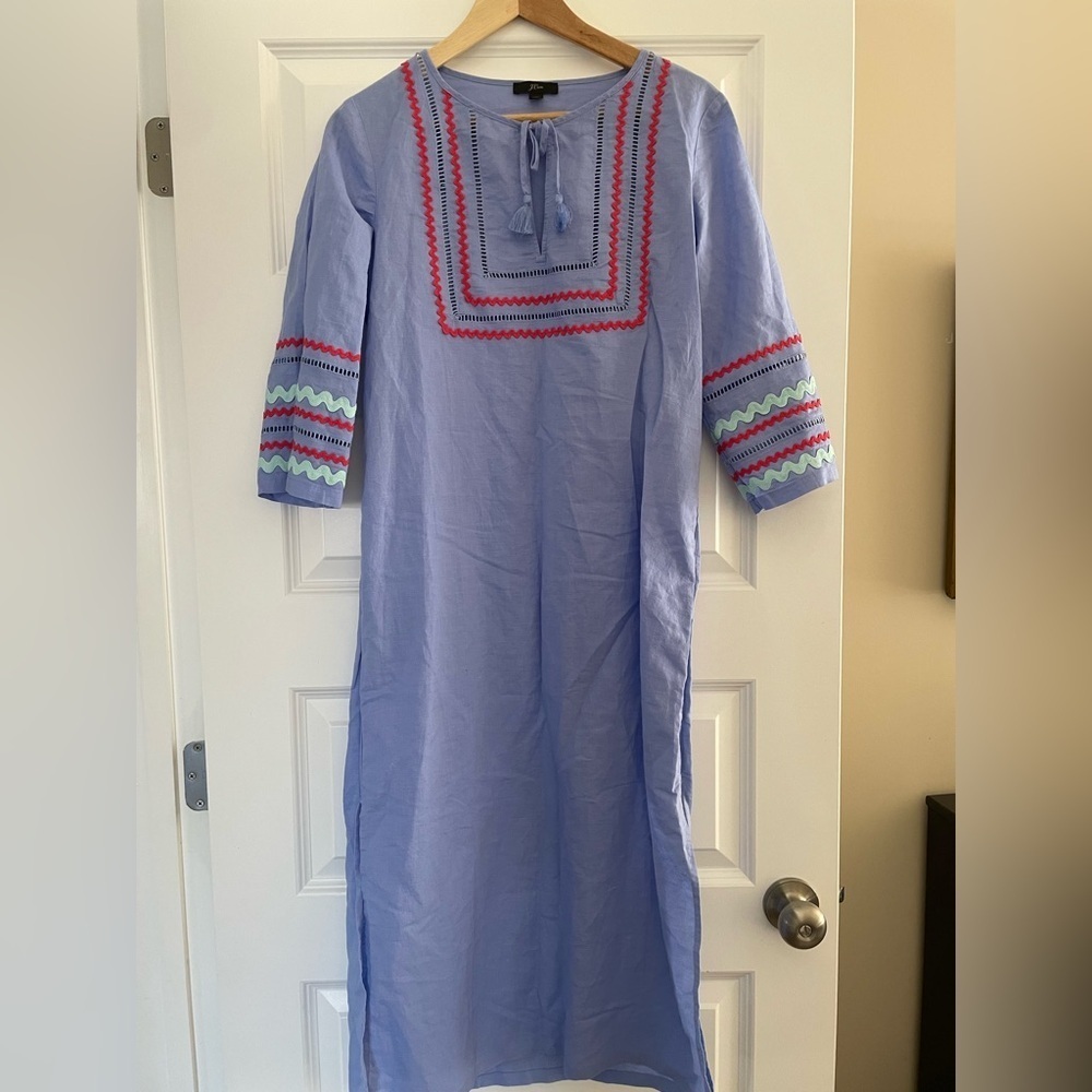 J Crew Long beach tunic with rickrack trim, periwinkle blue with red trim, xs